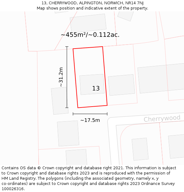 13, CHERRYWOOD, ALPINGTON, NORWICH, NR14 7NJ: Plot and title map