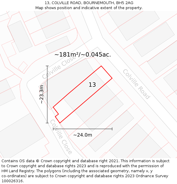 13, COLVILLE ROAD, BOURNEMOUTH, BH5 2AG: Plot and title map