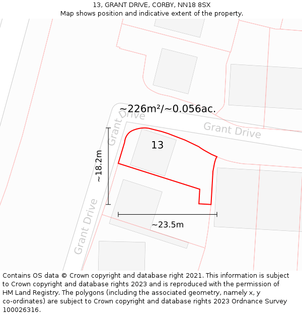 13, GRANT DRIVE, CORBY, NN18 8SX: Plot and title map