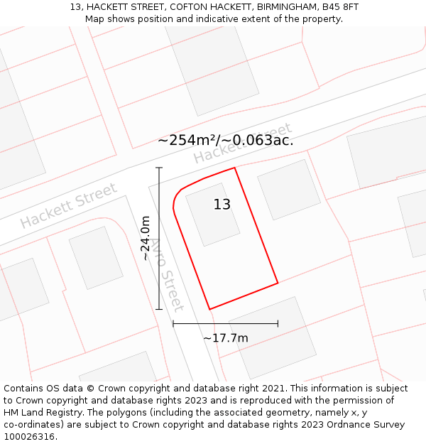 13, HACKETT STREET, COFTON HACKETT, BIRMINGHAM, B45 8FT: Plot and title map