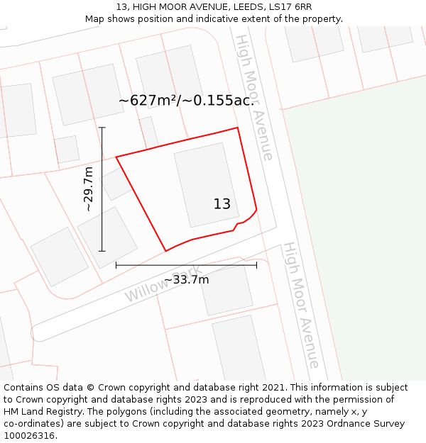 13, HIGH MOOR AVENUE, LEEDS, LS17 6RR: Plot and title map