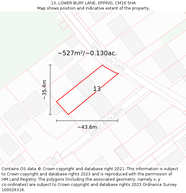 13, LOWER BURY LANE, EPPING, CM16 5HA: Plot and title map