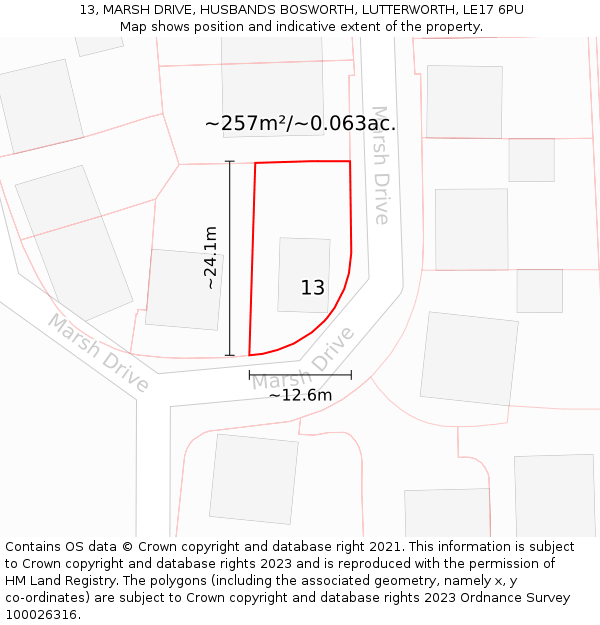 13, MARSH DRIVE, HUSBANDS BOSWORTH, LUTTERWORTH, LE17 6PU: Plot and title map