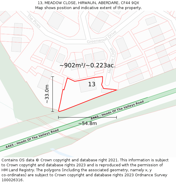 13, MEADOW CLOSE, HIRWAUN, ABERDARE, CF44 9QX: Plot and title map