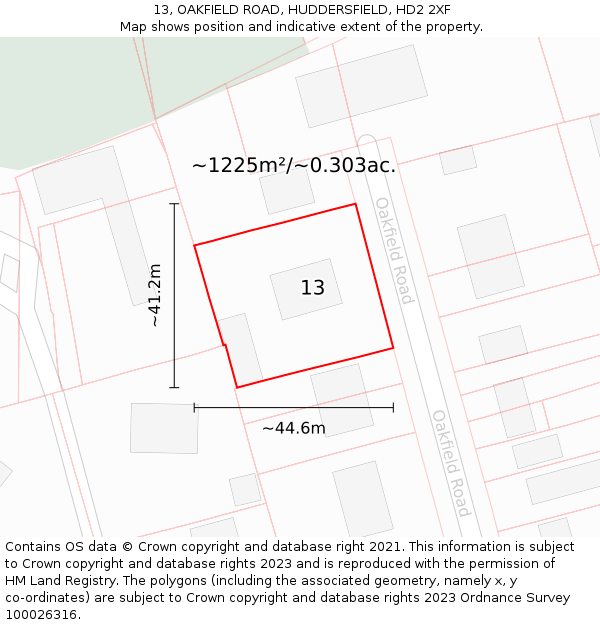 13, OAKFIELD ROAD, HUDDERSFIELD, HD2 2XF: Plot and title map