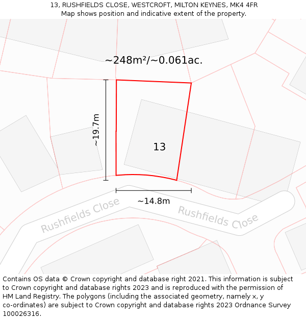 13, RUSHFIELDS CLOSE, WESTCROFT, MILTON KEYNES, MK4 4FR: Plot and title map