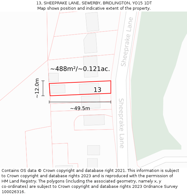 13, SHEEPRAKE LANE, SEWERBY, BRIDLINGTON, YO15 1DT: Plot and title map