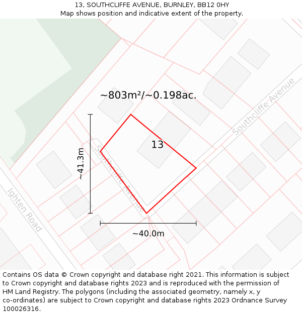 13, SOUTHCLIFFE AVENUE, BURNLEY, BB12 0HY: Plot and title map