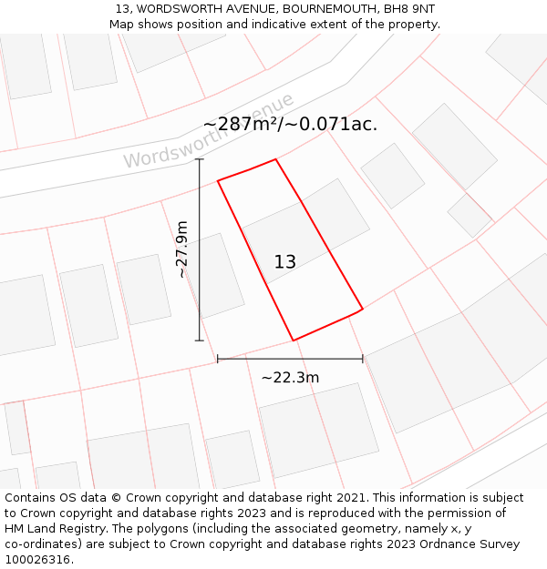 13, WORDSWORTH AVENUE, BOURNEMOUTH, BH8 9NT: Plot and title map