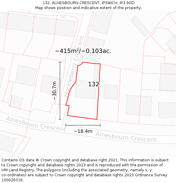 132, ALNESBOURN CRESCENT, IPSWICH, IP3 9GD: Plot and title map