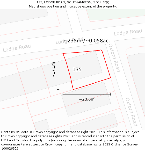 135, LODGE ROAD, SOUTHAMPTON, SO14 6QQ: Plot and title map