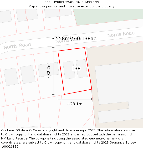 138, NORRIS ROAD, SALE, M33 3GS: Plot and title map