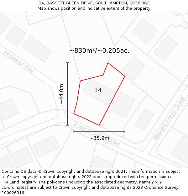 14, BASSETT GREEN DRIVE, SOUTHAMPTON, SO16 3QG: Plot and title map