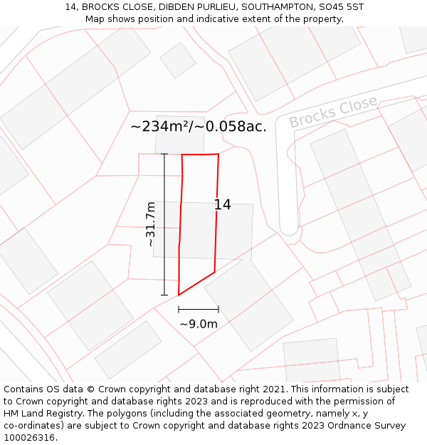 14, BROCKS CLOSE, DIBDEN PURLIEU, SOUTHAMPTON, SO45 5ST: Plot and title map