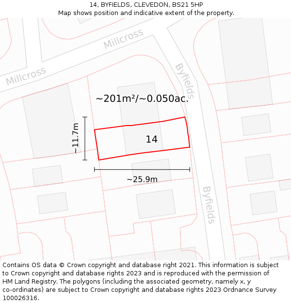 14, BYFIELDS, CLEVEDON, BS21 5HP: Plot and title map