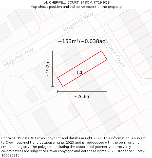 14, CHERWELL COURT, EPSOM, KT19 9QB: Plot and title map