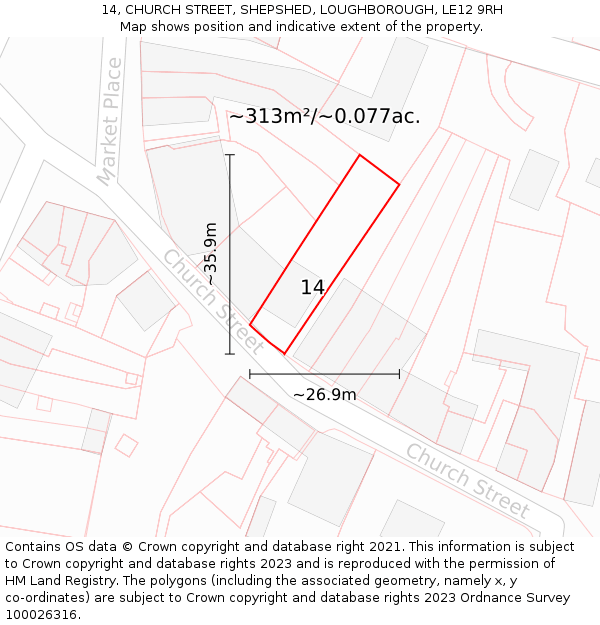 14, CHURCH STREET, SHEPSHED, LOUGHBOROUGH, LE12 9RH: Plot and title map