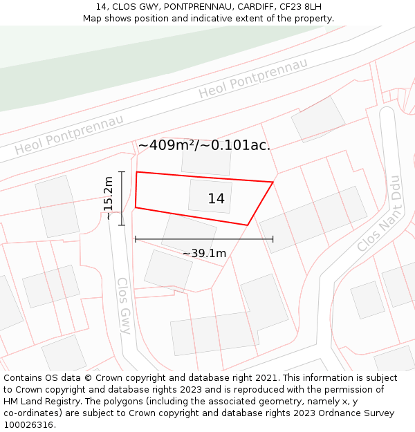 14, CLOS GWY, PONTPRENNAU, CARDIFF, CF23 8LH: Plot and title map