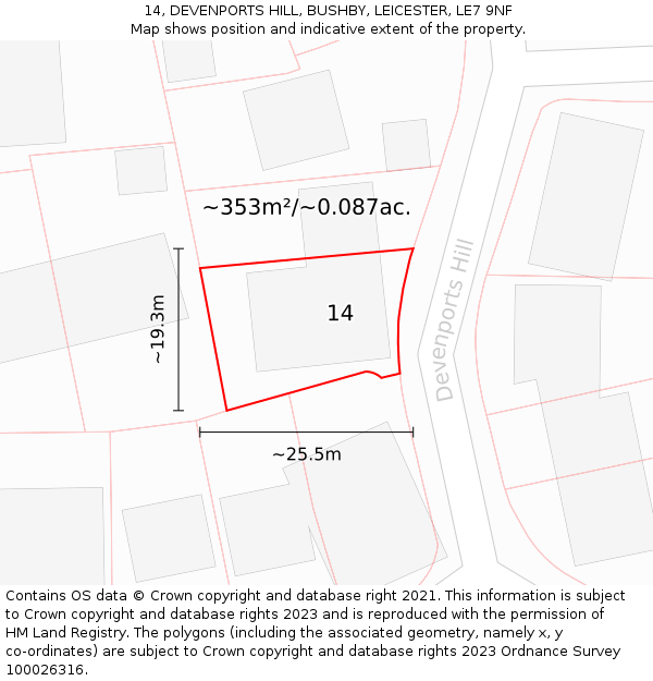 14, DEVENPORTS HILL, BUSHBY, LEICESTER, LE7 9NF: Plot and title map