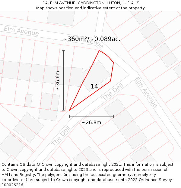 14, ELM AVENUE, CADDINGTON, LUTON, LU1 4HS: Plot and title map