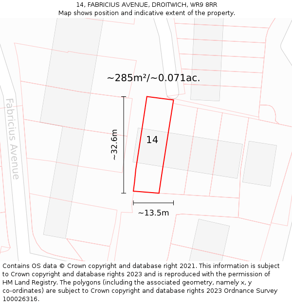 14, FABRICIUS AVENUE, DROITWICH, WR9 8RR: Plot and title map