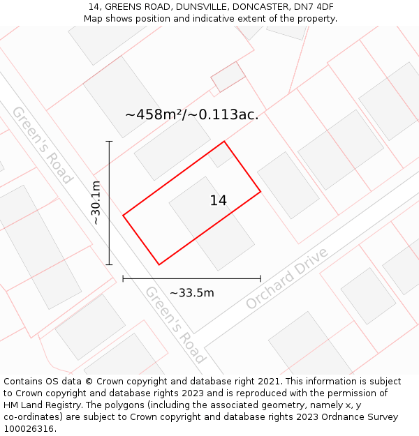 14, GREENS ROAD, DUNSVILLE, DONCASTER, DN7 4DF: Plot and title map