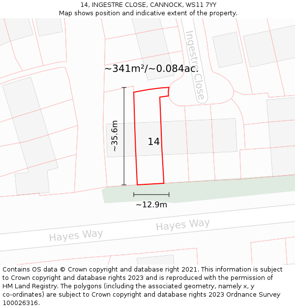 14, INGESTRE CLOSE, CANNOCK, WS11 7YY: Plot and title map