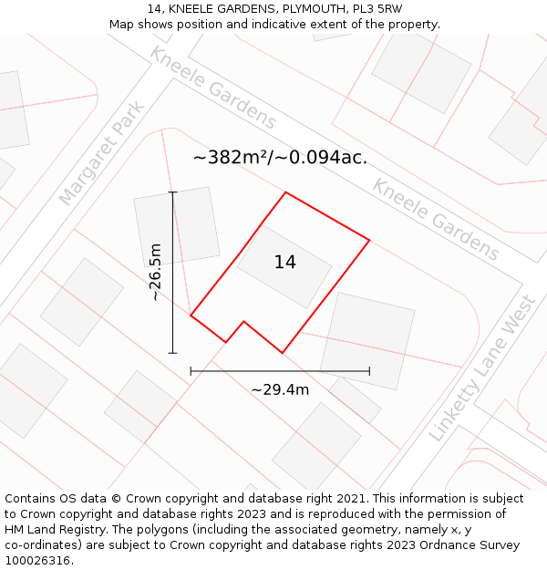 14, KNEELE GARDENS, PLYMOUTH, PL3 5RW: Plot and title map