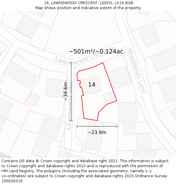 14, LAWNSWOOD CRESCENT, LEEDS, LS16 8GB: Plot and title map