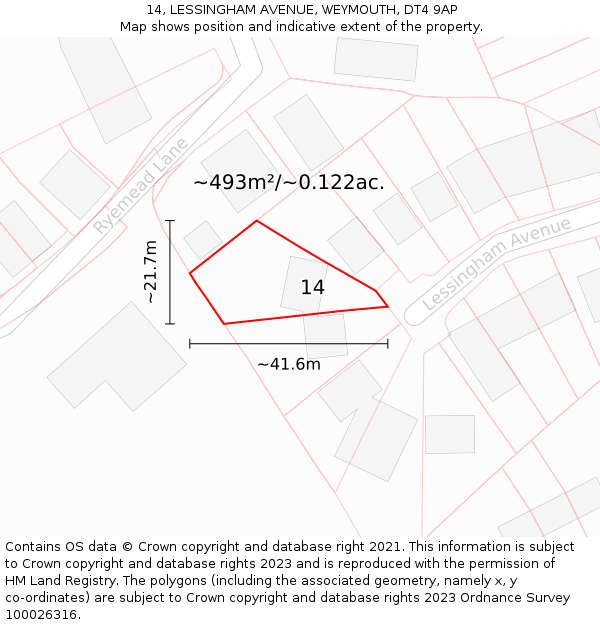 14, LESSINGHAM AVENUE, WEYMOUTH, DT4 9AP: Plot and title map