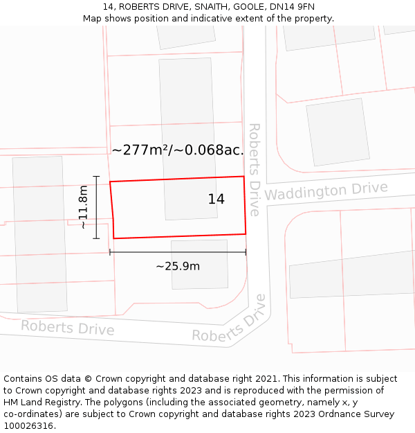 14, ROBERTS DRIVE, SNAITH, GOOLE, DN14 9FN: Plot and title map