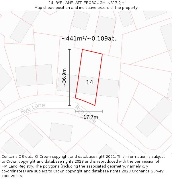 14, RYE LANE, ATTLEBOROUGH, NR17 2JH: Plot and title map