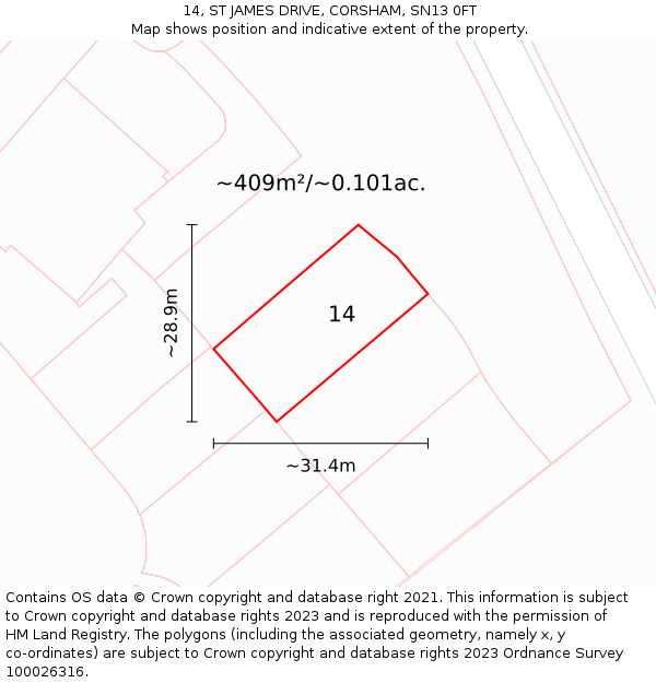 14, ST JAMES DRIVE, CORSHAM, SN13 0FT: Plot and title map