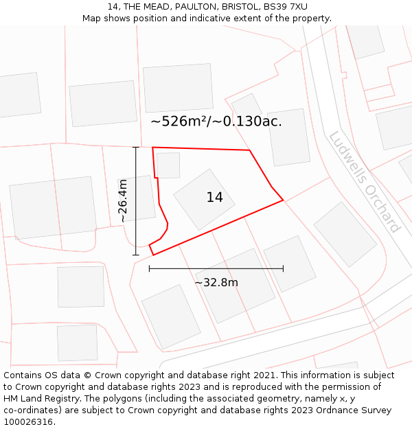 14, THE MEAD, PAULTON, BRISTOL, BS39 7XU: Plot and title map