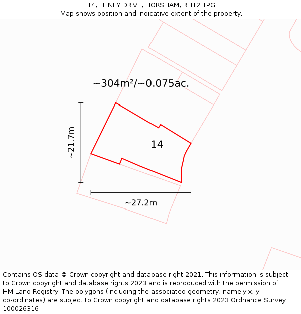 14, TILNEY DRIVE, HORSHAM, RH12 1PG: Plot and title map