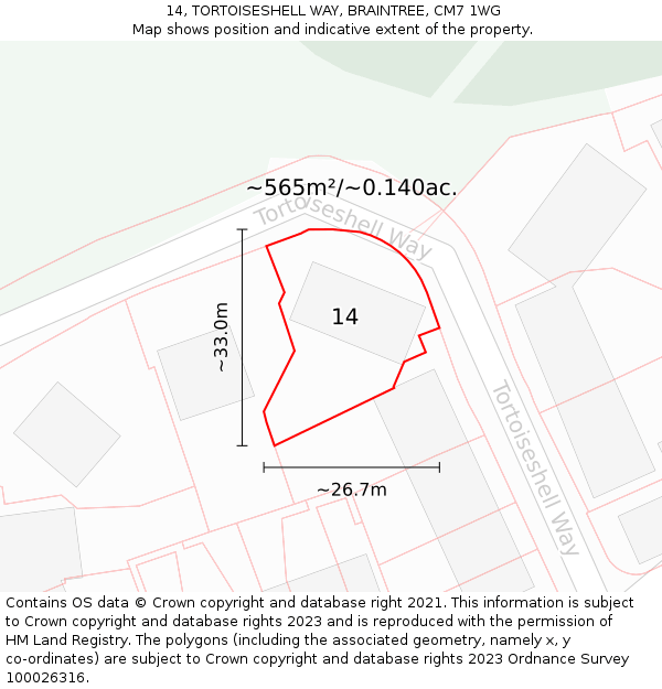 14, TORTOISESHELL WAY, BRAINTREE, CM7 1WG: Plot and title map