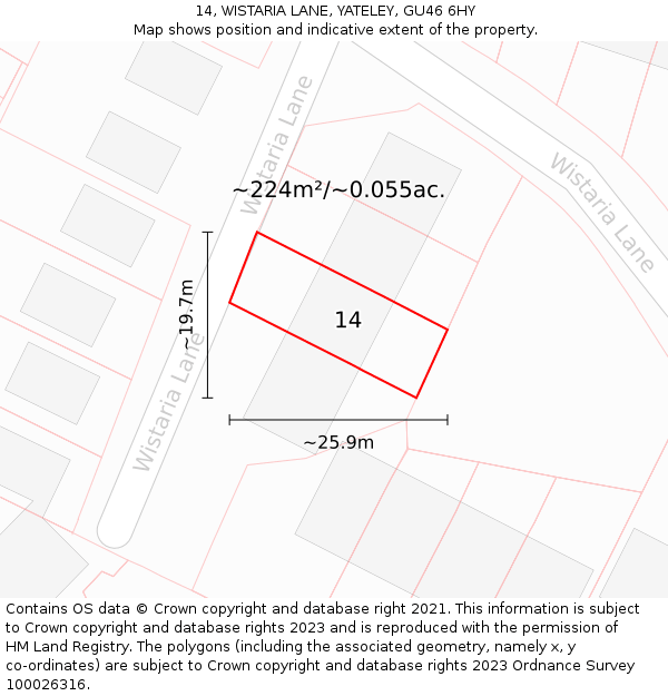 14, WISTARIA LANE, YATELEY, GU46 6HY: Plot and title map