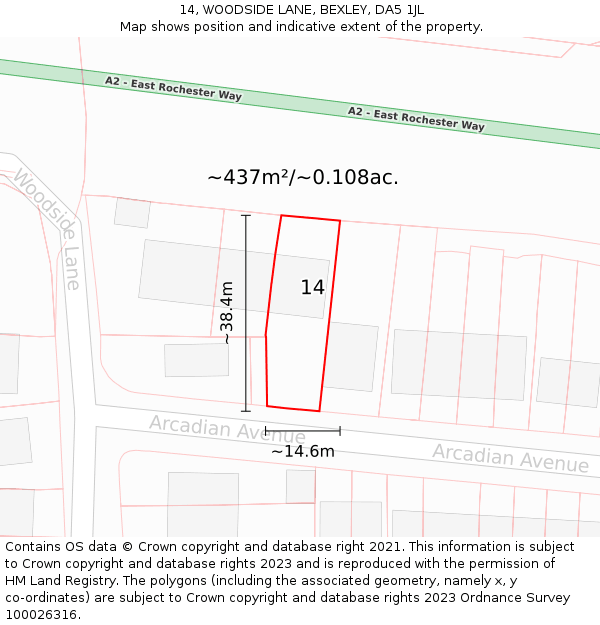 14, WOODSIDE LANE, BEXLEY, DA5 1JL: Plot and title map