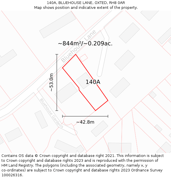 140A, BLUEHOUSE LANE, OXTED, RH8 0AR: Plot and title map