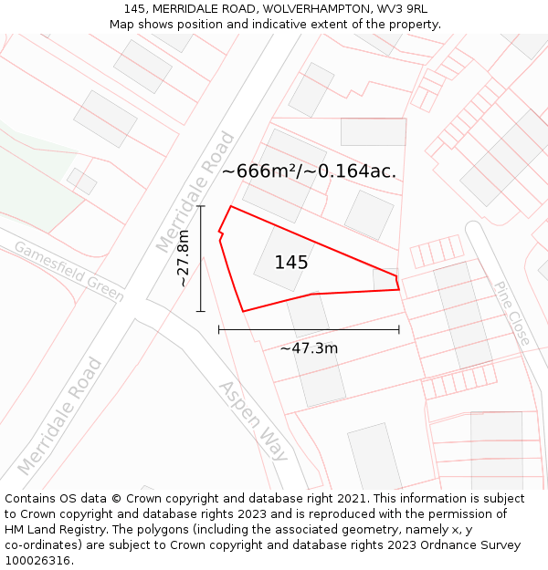 145, MERRIDALE ROAD, WOLVERHAMPTON, WV3 9RL: Plot and title map