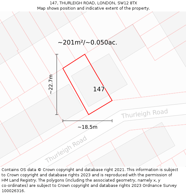 147, THURLEIGH ROAD, LONDON, SW12 8TX: Plot and title map