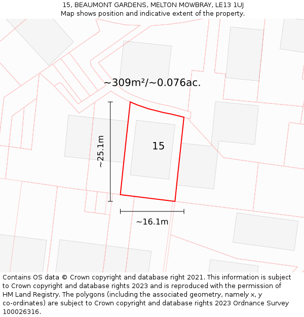 15, BEAUMONT GARDENS, MELTON MOWBRAY, LE13 1UJ: Plot and title map