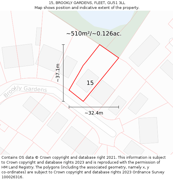 15, BROOKLY GARDENS, FLEET, GU51 3LL: Plot and title map