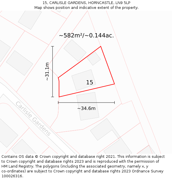 15, CARLISLE GARDENS, HORNCASTLE, LN9 5LP: Plot and title map