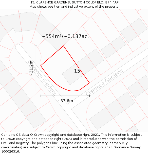 15, CLARENCE GARDENS, SUTTON COLDFIELD, B74 4AP: Plot and title map