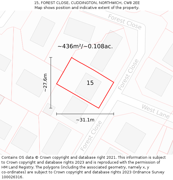 15, FOREST CLOSE, CUDDINGTON, NORTHWICH, CW8 2EE: Plot and title map