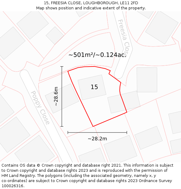 15, FREESIA CLOSE, LOUGHBOROUGH, LE11 2FD: Plot and title map