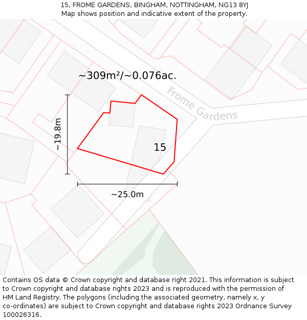 15, FROME GARDENS, BINGHAM, NOTTINGHAM, NG13 8YJ: Plot and title map