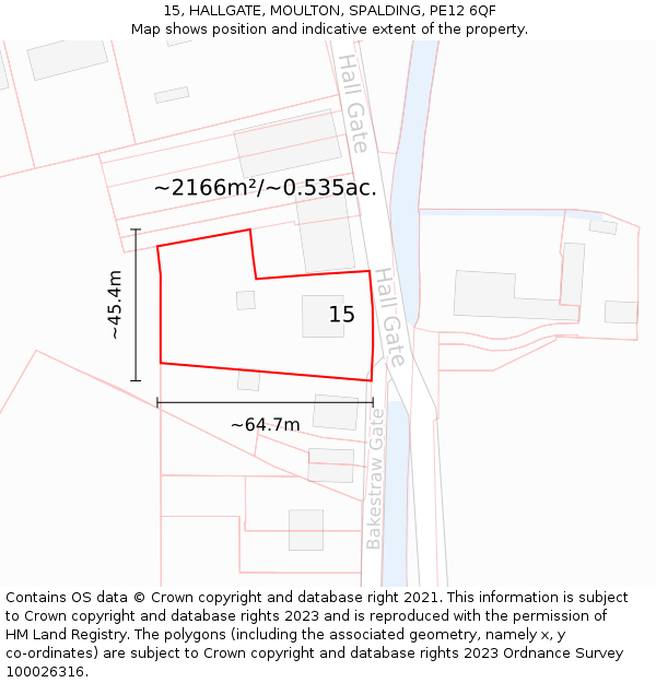 15, HALLGATE, MOULTON, SPALDING, PE12 6QF: Plot and title map