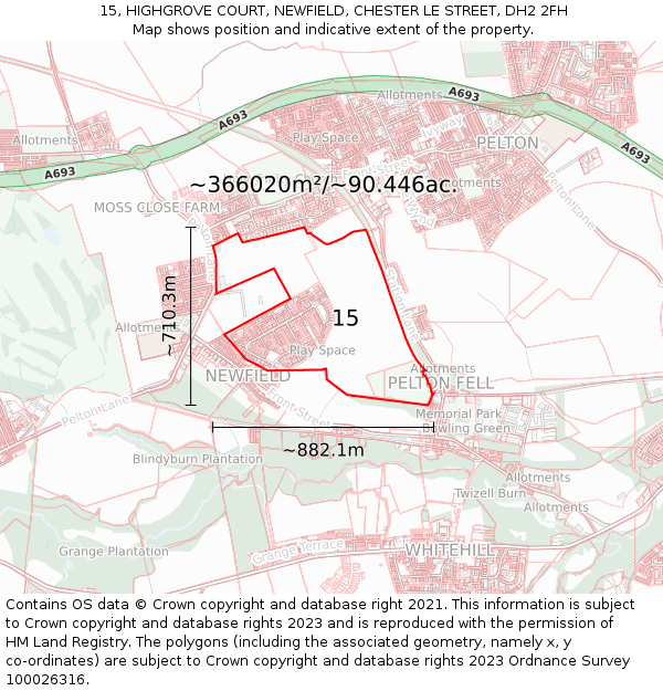 15, HIGHGROVE COURT, NEWFIELD, CHESTER LE STREET, DH2 2FH: Plot and title map